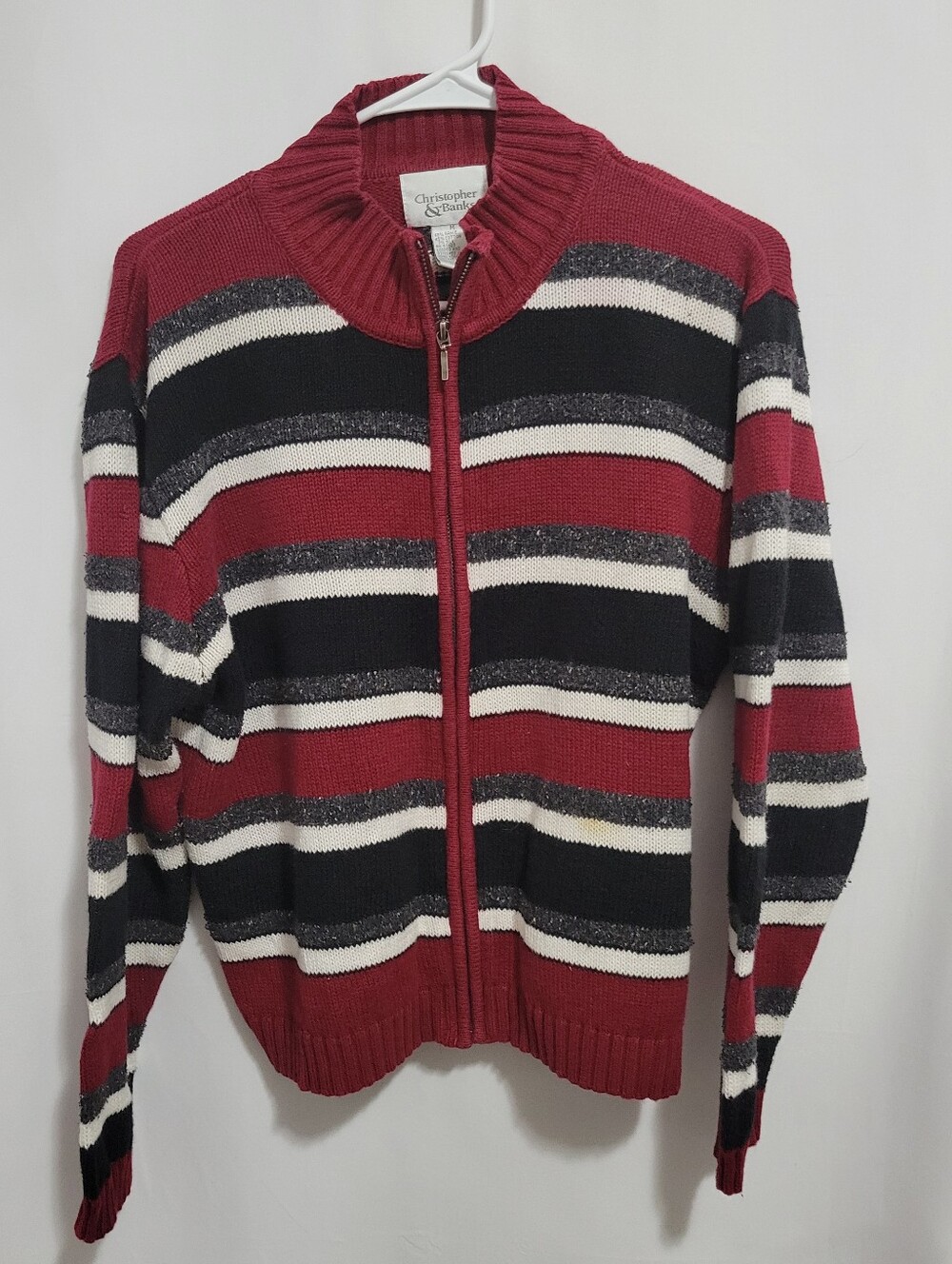Christopher & Banks Red/White/Blue Striped Zip-Front Sweater, Size M